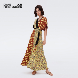 DVF裹身裙度假碎花裙黄色艺术印花长裙连衣裙DW2S008