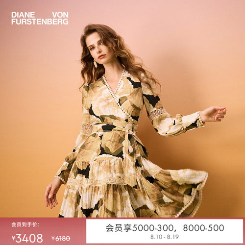 DVF2026春夏烂漫花卉海岛度假风仿亚麻布短款裹身式连衣裙DW4T003