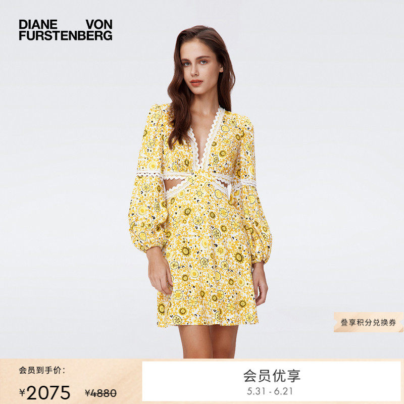 DVF太阳花蕾丝拼接度假腰部挖剪连衣裙DL2S024