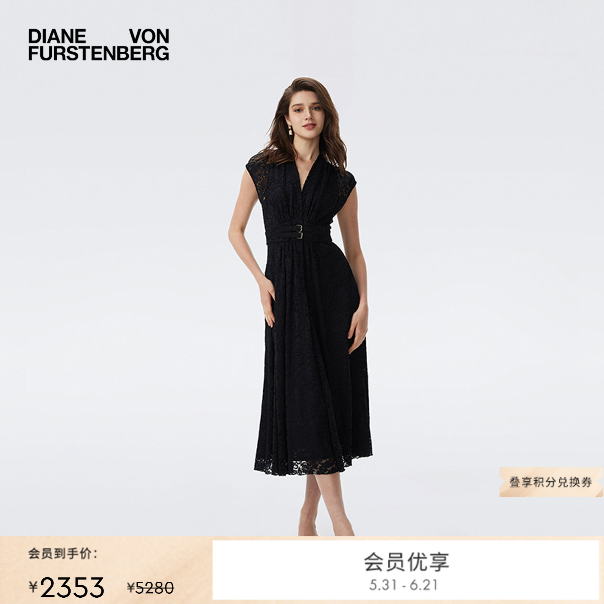 [花卉蕾丝]DVF优雅V领曜石黑浪漫蕾丝轻薄无袖收腰连衣裙DS2T017
