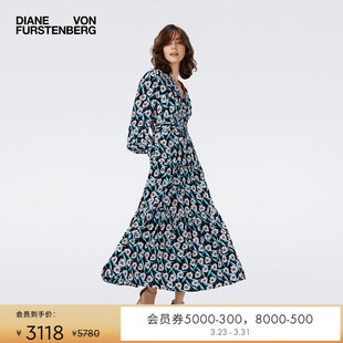 DVF长袖 蓝白印花收腰度假长裙连衣裙DL4R021