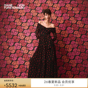 露肩锁爱红唇长款 DVF2026早春新款 连衣裙GL4T006 重工植绒网纱