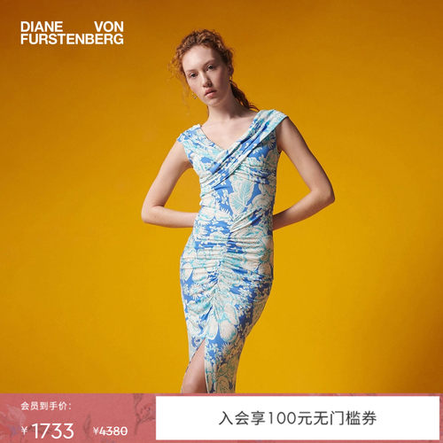DVF蓝白夏花一字领连衣裙