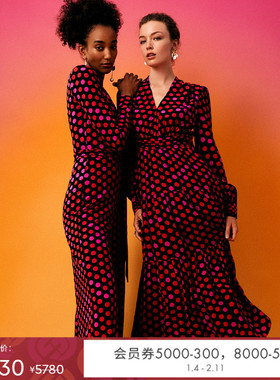 DVF红裙茶歇裙V领波点印花年会宴会长袖连衣裙DL4R021