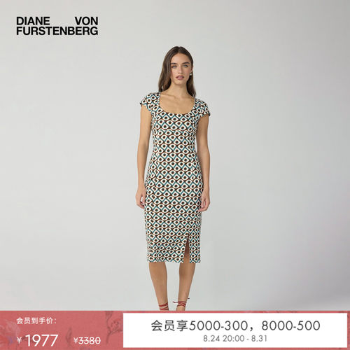 DVF2026春夏新款椭绿棕色摩登菱格海文针织通勤连衣裙DS1U003