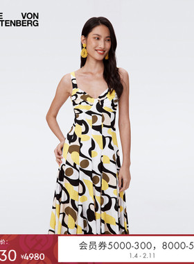 [博主同款]DVF女装黄色几何幻影印花中长裙度假宽肩连衣裙DS2S052