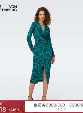 DVF绿色石榴花图案V领连衣裙DL3S066