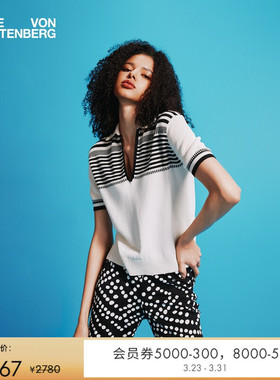 DVFV领米白条纹图案短袖针织上衣WS2T003