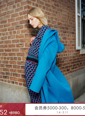 [双面毛呢]DVF彩色羊毛大衣明亮蓝双面毛呢连帽长款外套CL3R002
