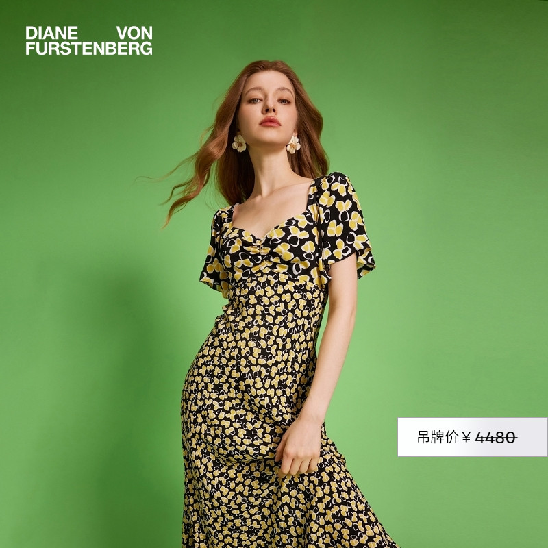 DVF复古方领泡泡袖茶歇裙连衣裙