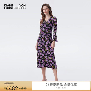 V领黑紫色绽放花朵修身 DVF2026早春新款 连衣裙DL4T005 弹力网纱
