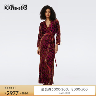 DVF优雅红色艺术印花V领侧开叉裙摆高腰裹身连衣裙DW3S013