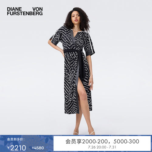 DVF黑白波点几何图案裹身裙