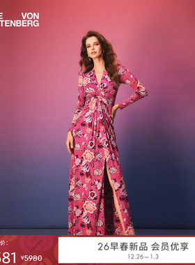 [弹力网纱]DVF2026早春新款魅惑粉柳枝花卉V领礼服连衣裙GL4T004