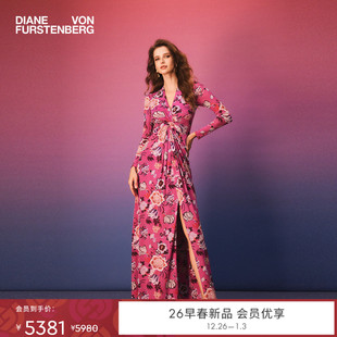 魅惑粉柳枝花卉V领礼服连衣裙GL4T004 DVF2026早春新款 弹力网纱