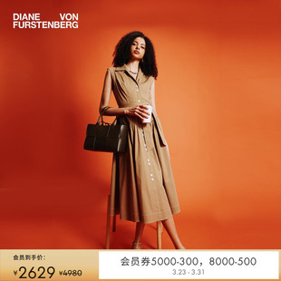 翻领卡其色中长款 DVF度假无袖 连衣裙DS2T021 博主同款