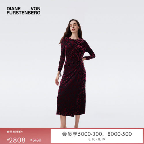 DVF酒红色丝绒烧花修身连衣裙