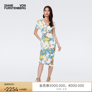 连衣裙DS2S009 修身 DVF V领度假印花哑光针织中长款