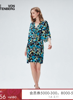 DVF V领度假植物印花七分袖短款弹力针织连衣裙DS2R032