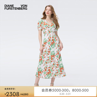 太阳花卉印花连衣裙DS2T035 DVF度假V领茶歇裙短袖 博主同款