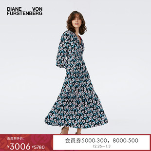 蓝白印花收腰长裙连衣裙DL4R021 DVF长袖 玫瑰相似款