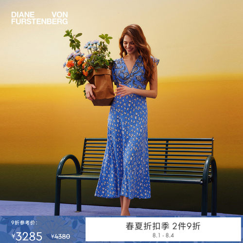 [七夕礼物]DVF2026春夏茶歇裙淡蓝线描花影轻薄度假风碎花连衣裙