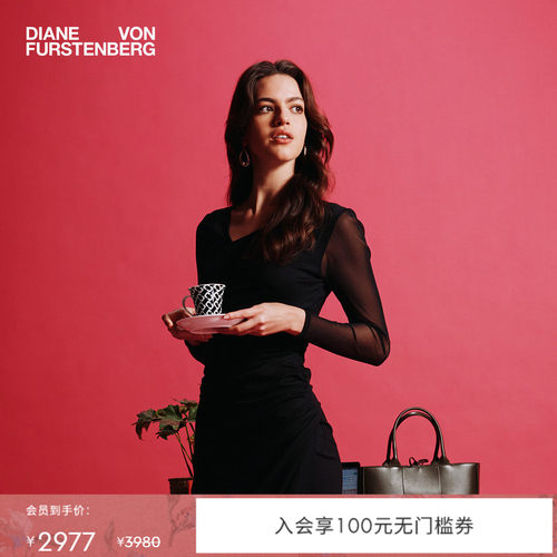 [小黑裙]DVF曜石黑V领哑光针织拼弹力网纱裹身连衣裙MR82E00