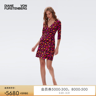 DVF彩色红唇印花短款 品牌经典 裹身连衣裙裙MR38E00 100%真丝