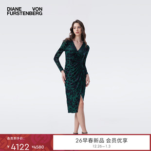 黑绿藤蔓丝绒烧花连衣裙DL4T021 DVF2026早春新款 重工烧花丝绒