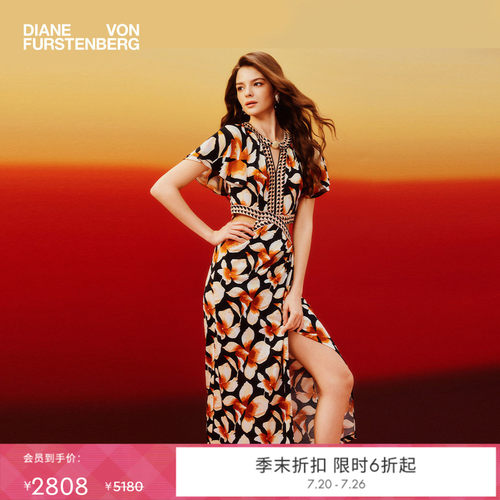 DVF2026春夏新款黑棕幻彩兰花海岛度假风荷叶袖轻薄连衣裙DS1U021