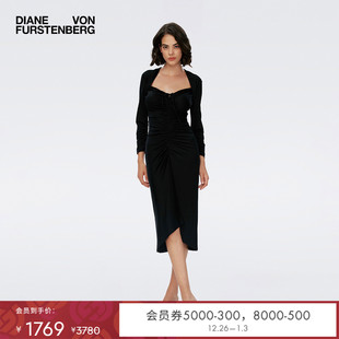 DVF宴会复古方领轻礼服中长款 小黑裙 连衣裙DL1S006 玫瑰相似款