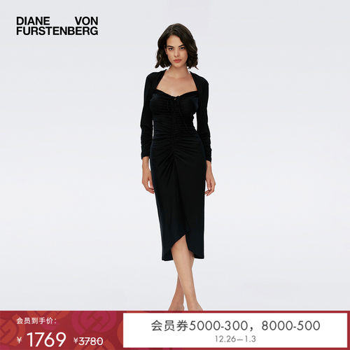 DVF复古方领轻礼服小黑裙连衣裙