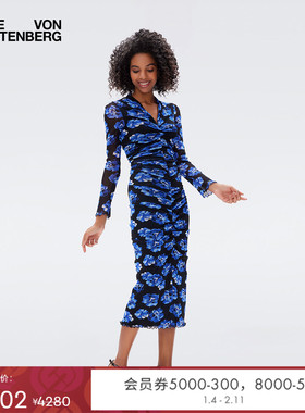 [弹力网纱]DVF V领植物印花长袖中长款弹力网纱连衣裙DL3R025