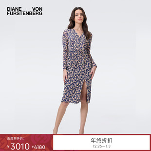 裹身裙连衣裙DW2T003 蓝橙星图繁花弹力网纱长袖 DVF2025秋季 新款