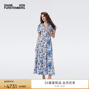 连衣裙DS1U018 长款 DVF2026春夏新款 V领茶歇裙蓝白绿野仙踪泡泡袖