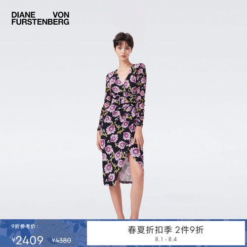 DVF2026春夏新款V领黑紫色绽放花朵轻薄连衣裙DL4T020
