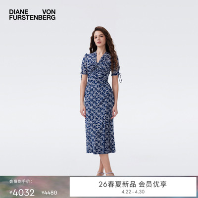 [弹力网纱]DVF2026春夏新款海军蓝水波米字花修身连衣裙DS1U014