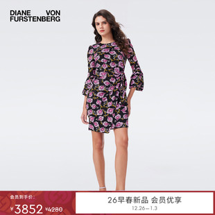 DVF2026早春度假系列黑紫色绽放花朵荷叶袖 弹力网纱连衣裙DL4T013