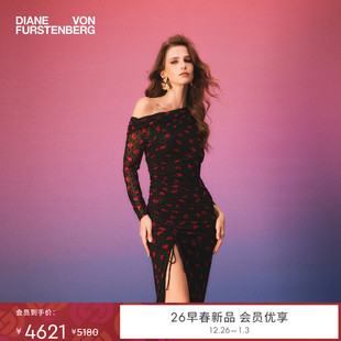 锁爱红唇度假宴会连衣裙DL4T009 DVF2026早春新款 重工植绒网纱