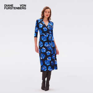 [100%真丝]DVF针织桑蚕丝裹身裙POLO领七分袖中长款连衣裙DW3R013