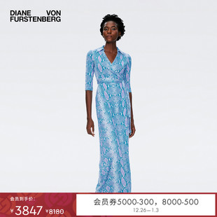 裹身连衣裙DW1S020 DVF度假蓝色蛇纹印花长款 100%真丝