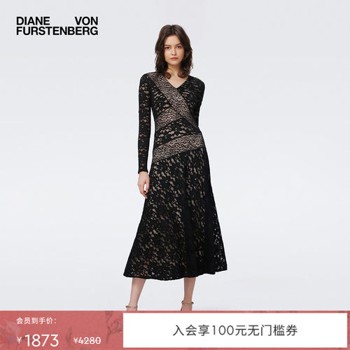 DVF曜石黑纯色蕾丝V领连衣裙