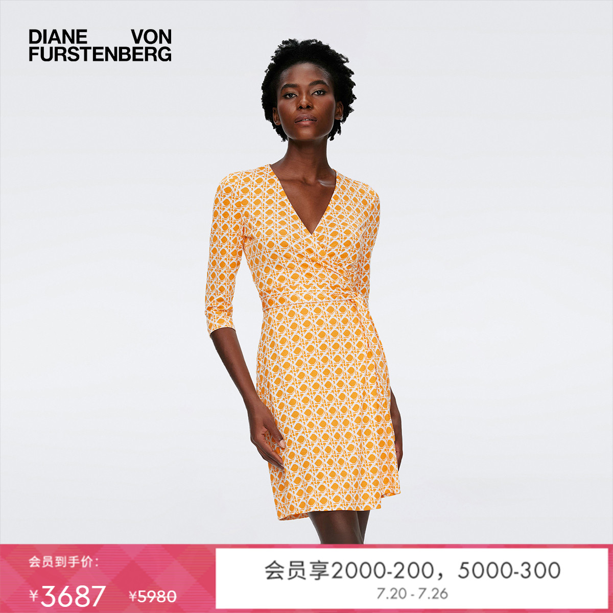 [100%真丝]DVF度假V领七分袖印花裹身连衣裙DW1S019 - 实物图