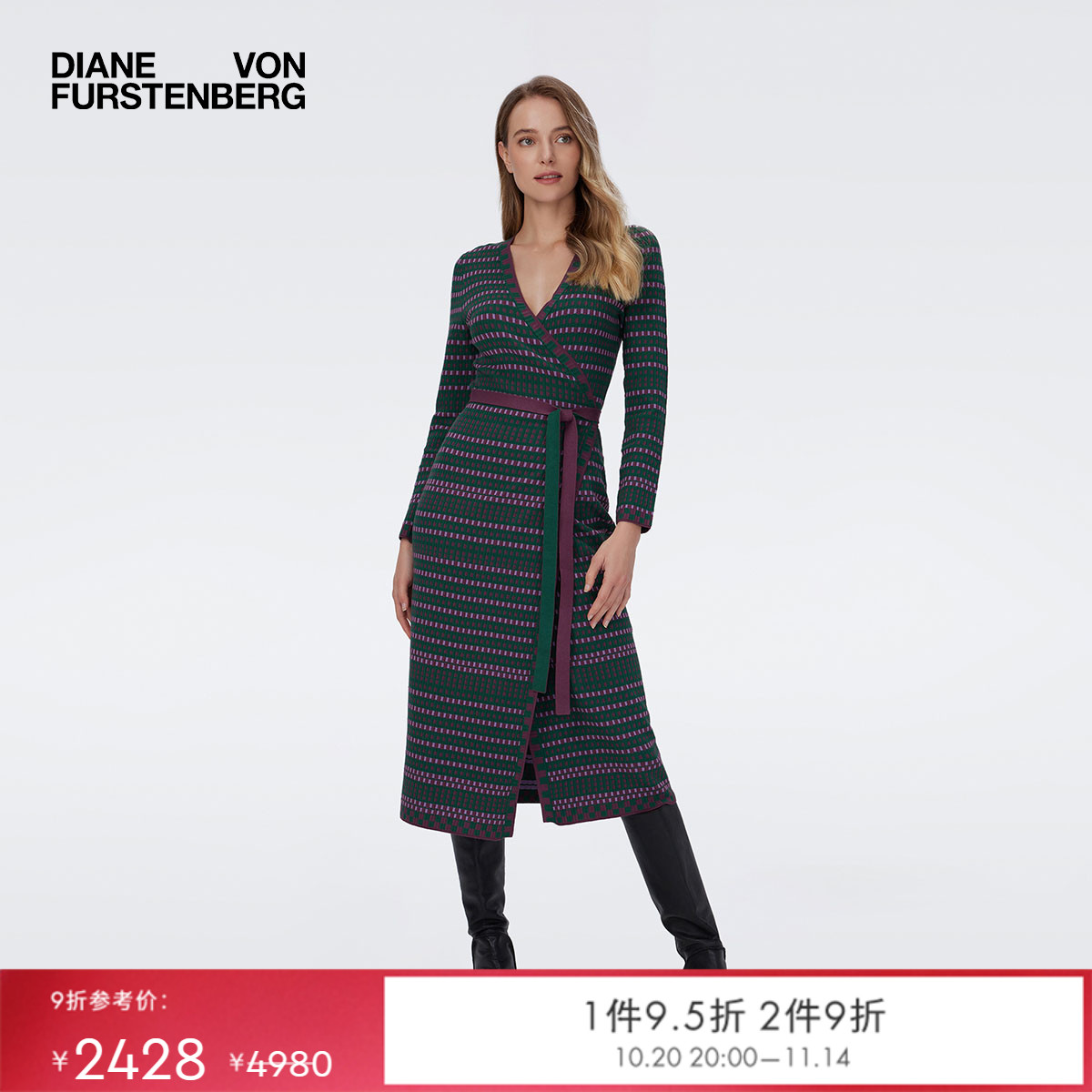 DVF长袖中长款针织裹身连衣裙