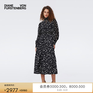 DVF黑白波点印花半高领收腰褶皱设计宽松长袖 连衣裙DL3S055