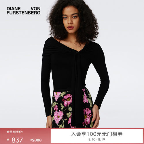 DVF飘带领修身版型黑色针织衫