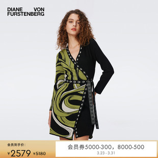 DVF牛油果绿曜石黑印花拼接提花工艺V领针织裹身裙DR3S009