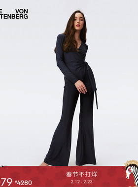 DVF金属午夜蓝V领微喇长袖连体裤PJ4S010