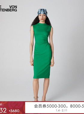 DVF2025新款纯色度假春意绿色圆领修身连衣裙DS1T024