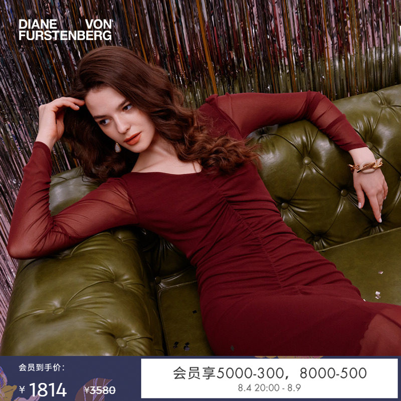 [七夕礼物]DVF酒红色V领通身褶裥设计显瘦轻薄修身连衣裙DL4R007 - 实物图
